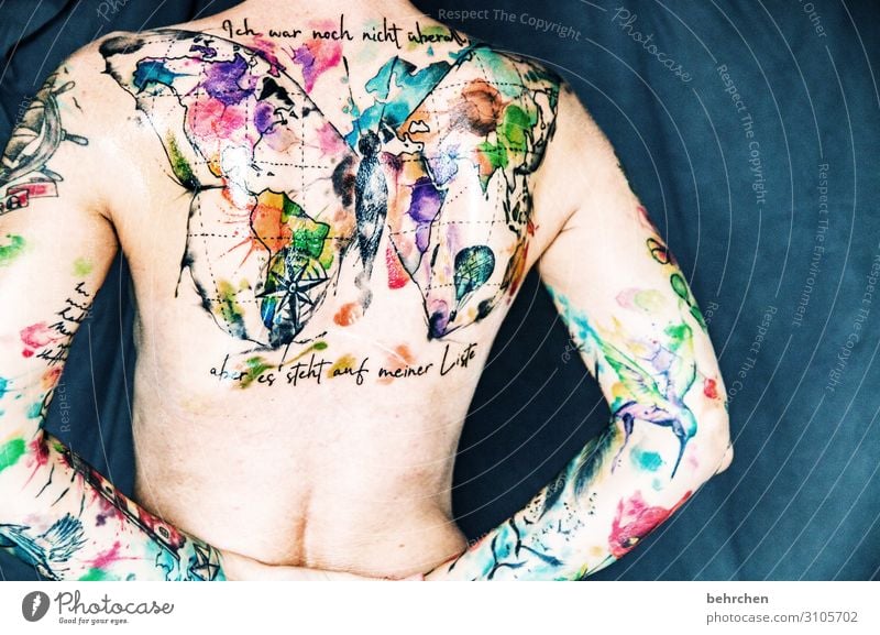 naked?! Woman Adults Skin Back Arm 30 - 45 years Tattoo Brave Tattooed Multicoloured Art Work of art Body consciousness Naked Butterfly Map of the World