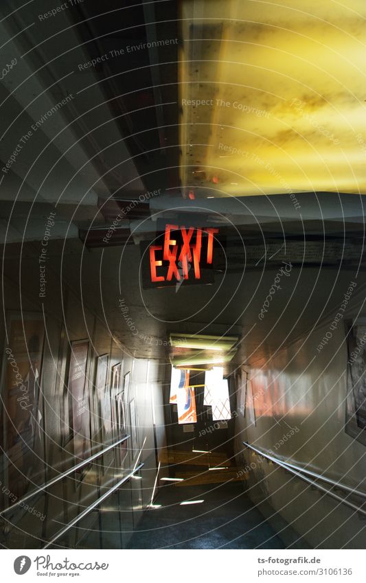 last exit Technology Stairs Corridor Hallway Navigation Passenger ship Watercraft Sign Characters Signage Warning sign Way out Threat Creepy Hideous Cold Yellow