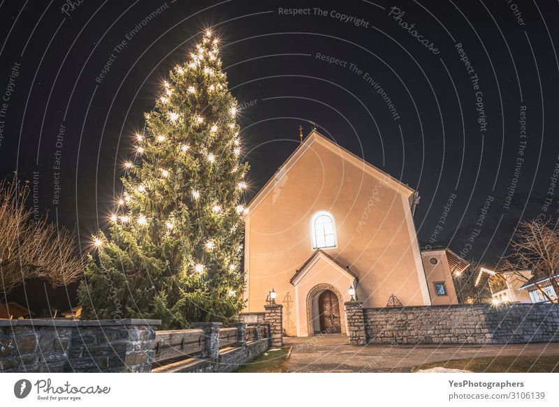 Christmas tree and lights in Austrian village at night Vacation & Travel Tourism Winter Decoration Christmas & Advent Landscape Night sky Village Church