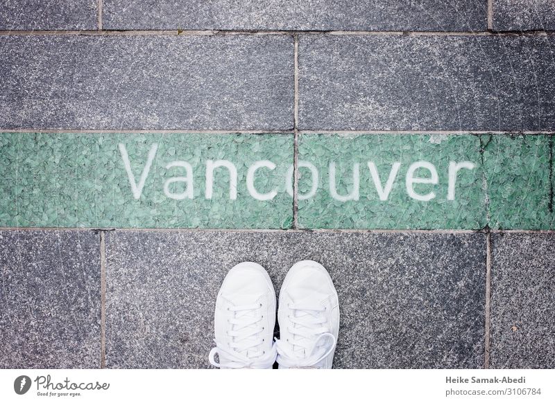 View of Vancouver Vacation & Travel Tourism Feet Canada Lanes & trails Footwear Sneakers Stone Concrete Characters Signs and labeling Gray Green White