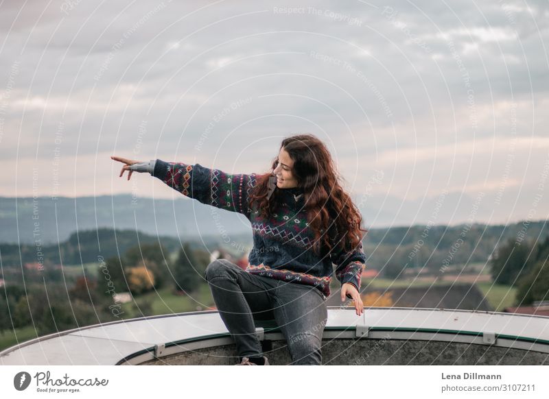 Woman showing with view mountain Hiking Cheeks in the Allgäu region Indicate girl sweater allgau Nature outlook mountains panorama long hairs In transit Germany