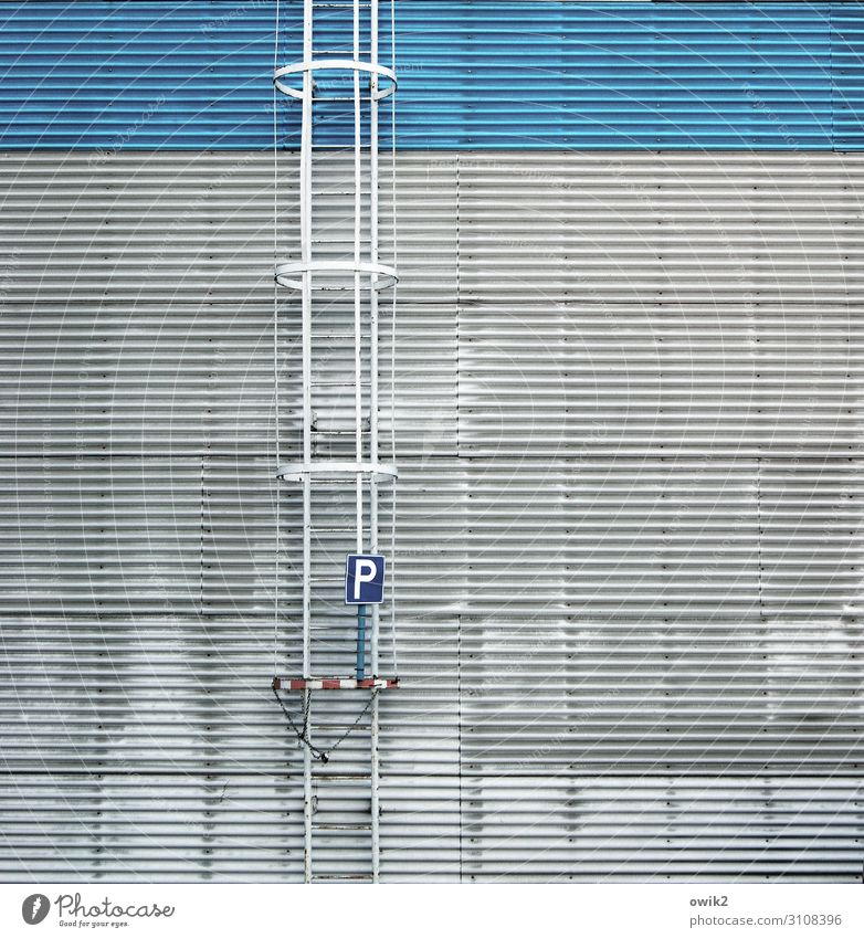 parking search Wall (barrier) Wall (building) Corrugated sheet iron Corrugated iron wall Hall Warehouse Depot Fire ladder Ladder Parking lot Metal Characters