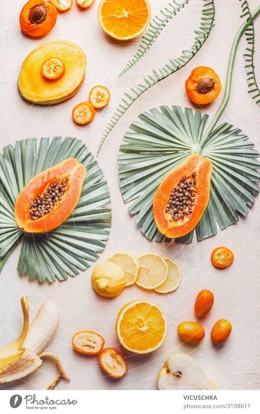 Exotic fruits with tropical leaves Food Fruit Nutrition Shopping Design Healthy Eating Hip & trendy Papaya Background picture Mango Banana Citrus fruits Orange