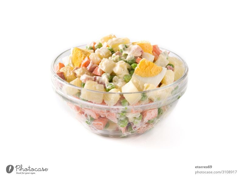 Traditional Russian salad in bowl. Olivier salad isolated Food Healthy Eating Food photograph Bowl Vegetable Mayonnaise olivier olivier salad Salad