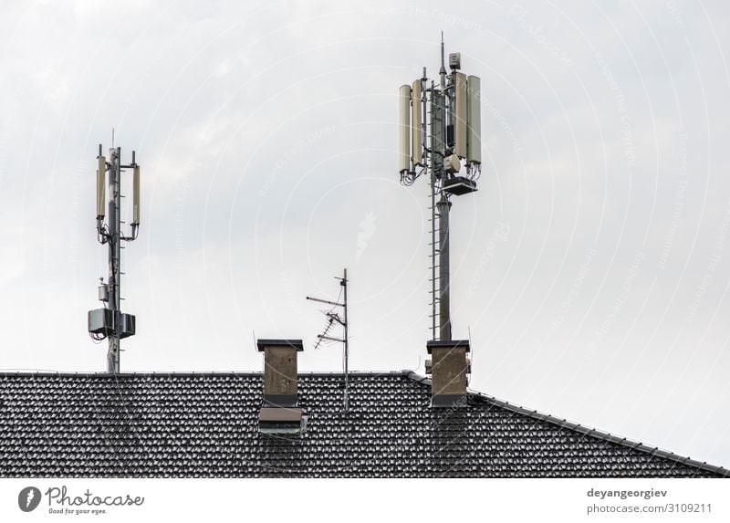 5G antennas on top of house. Antennas and transmitters Industry Telecommunications Telephone Cellphone Technology Internet Aircraft Line Communicate 5g 4g roof