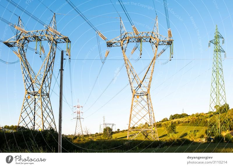 High voltage transmission lines. Industry Technology Environment Landscape Architecture Metal Energy Environmental pollution electricity power Industrial Height