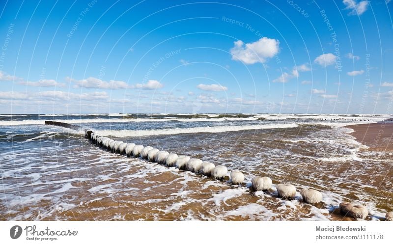 Beach with an icy wooden breakwater. Vacation & Travel Far-off places Freedom Ocean Winter Nature Landscape Sky Horizon Waves Coast Baltic Sea Exceptional Blue