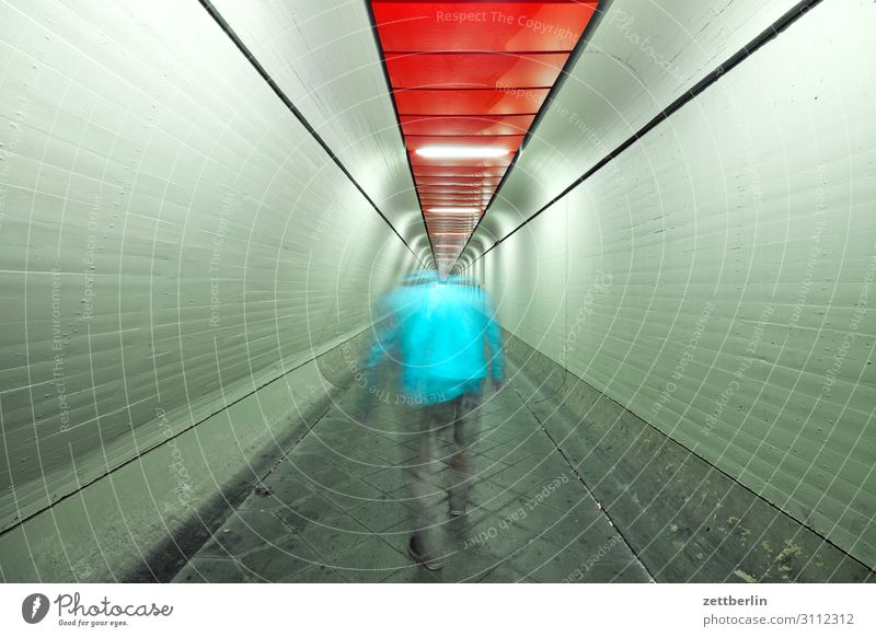 Man in tunnel (3) Movement Dark Dynamics Human being Night Airport Berlin-Tegel Tunnel Corridor Hall Warehouse Passage Escape Perspective Central perspective