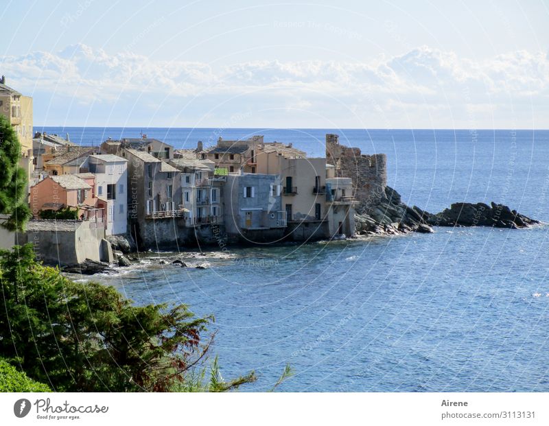 Village, Corsican Summer vacation Sky Beautiful weather Bay Ocean Mediterranean sea Island Fishing village Old town House (Residential Structure) Castle Ruin