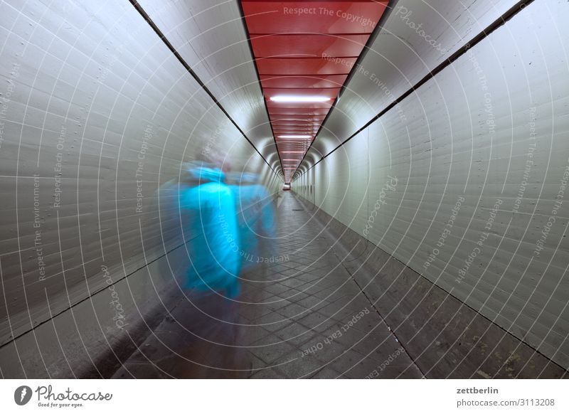Man in tunnel (1) Movement Dark Dynamics Human being Night Airport Berlin-Tegel Tunnel Corridor Hall Warehouse Passage Escape Perspective Central perspective