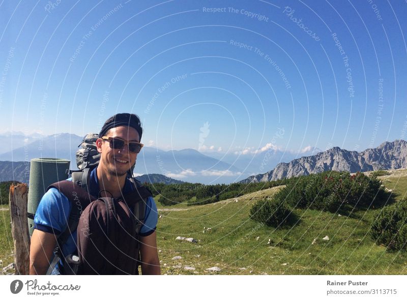 Hikers with Alps in the background Athletic Climbing Mountaineering Hiking Masculine Man Adults 1 Human being 30 - 45 years Cloudless sky Sun Peak Bad Tölz