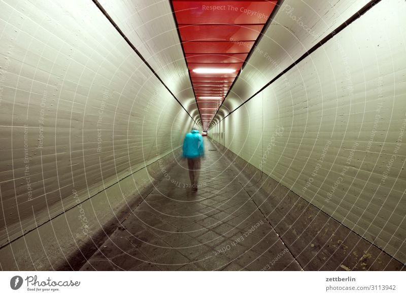 Man in tunnel (5) Movement Dark Dynamics Human being Night Airport Berlin-Tegel Tunnel Corridor Hall Warehouse Passage Escape Perspective Central perspective