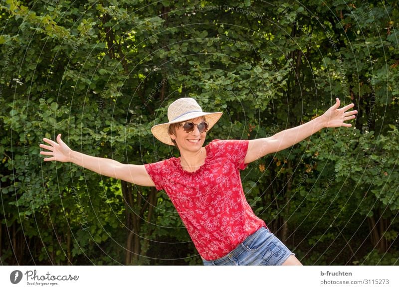 cheerful woman in nature Healthy Well-being Contentment Relaxation Leisure and hobbies Vacation & Travel Summer Feminine Woman Adults 1 Human being