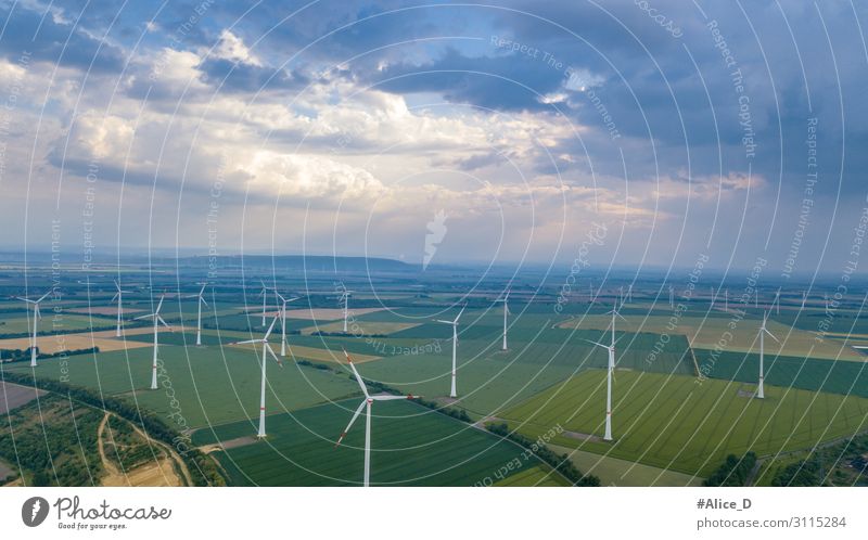 aerial view of wind turbines field Engines Technology Advancement Future Energy industry Wind energy plant Industry Environment Nature Field Power Innovative