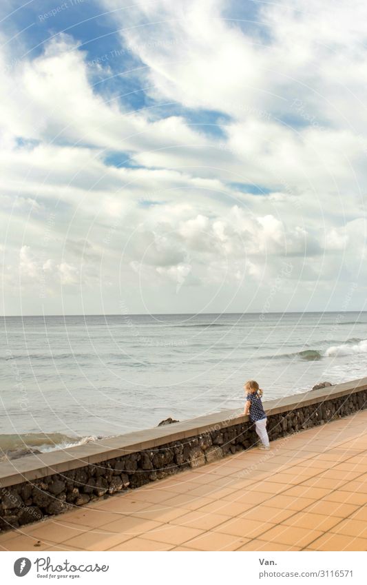I want sea! Child Toddler Girl 1 Human being 1 - 3 years Nature Landscape Sky Clouds Summer Waves Coast Ocean Promenade Lanzarote Wall (barrier) Wall (building)