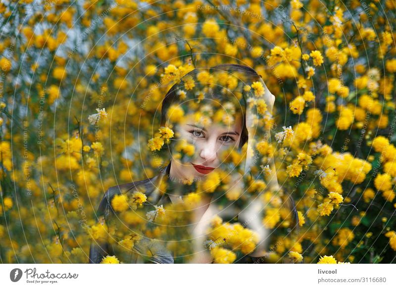 smiling young woman between yellow flowers Lifestyle Style Happy Beautiful Summer Human being Feminine Homosexual Young woman Youth (Young adults) Woman Adults