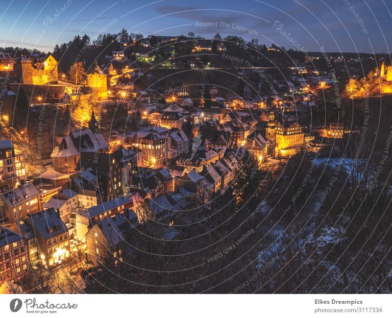 Monschau in winter at night Landscape Night sky Winter Ice Frost Snow Village Tourist Attraction Discover Freeze chill Town Eifel Colour photo Subdued colour