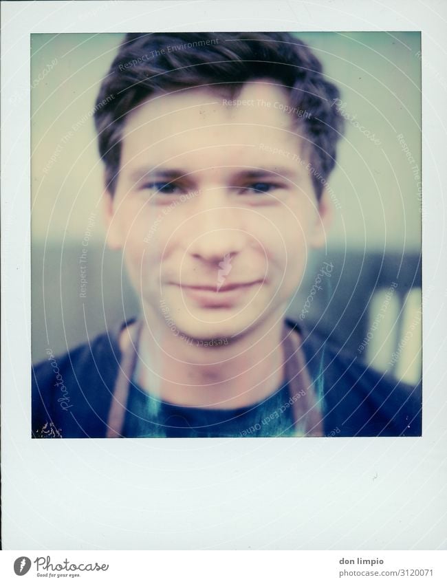 Instant photography means share Masculine Man Adults Face 1 Human being Smiling Sharp-edged Polaroid Colour photo Exterior shot Close-up Copy Space bottom