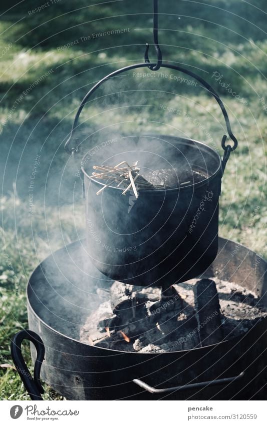 I'm gonna make my own soup. Nutrition Pot Utilize Observe Eating Fire Smoke Wood Suspended Soup Exterior shot Camping Past Simple Primordial Boiler Colour photo