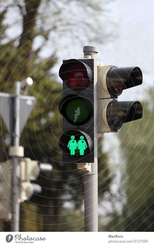 Traffic light system for homosexuals Human being Feminine Homosexual Sign Road sign Walking Green Safety Pictogram Symbols and metaphors Couple Colour photo