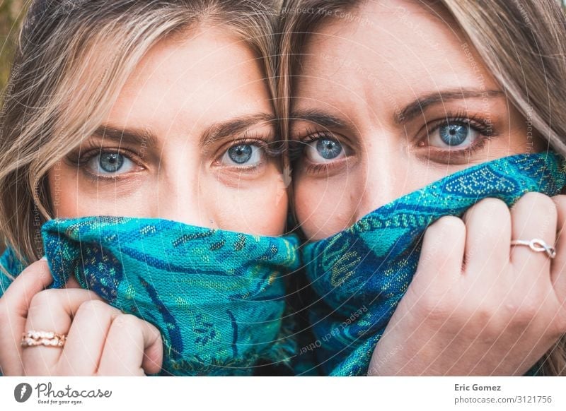 Two blonde blue-eyed women close-up Feminine Young woman Youth (Young adults) Eyes 2 Human being 18 - 30 years Adults Ring Scarf Blonde Long-haired Esthetic