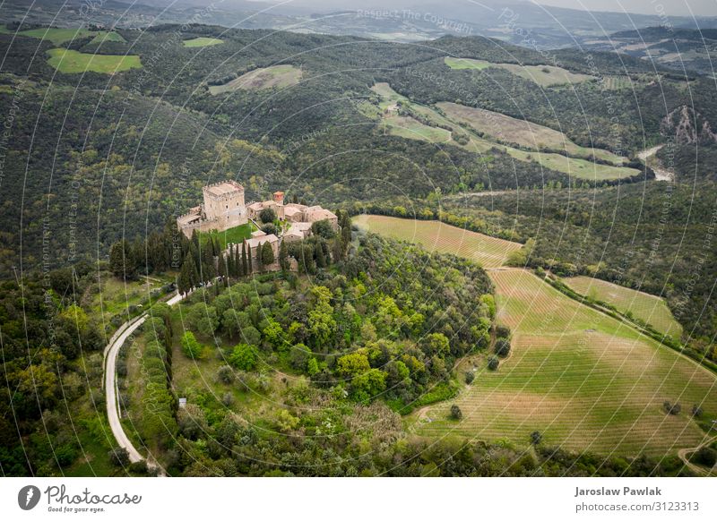 Ripa d'Orcia castle in Tuscany photo from the drone old landscape travel medieval architecture europe tourism building outdoor aerial historic ancient romantic