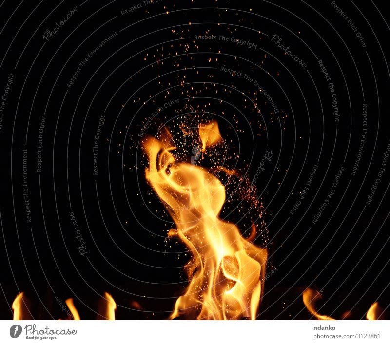 large burning bonfire with flame and orange sparks Design Beautiful Warmth Movement Flying Dark Hot Bright Yellow Red Black Energy Colour backdrop background
