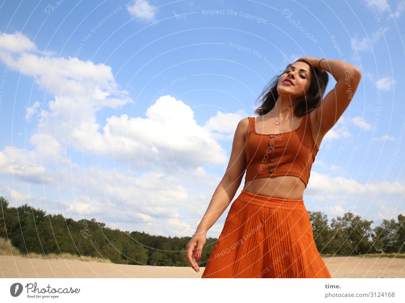 Estila Feminine Woman Adults 1 Human being Environment Nature Landscape Sand Sky Clouds Horizon Forest Skirt Top Brunette Long-haired Touch Movement Relaxation
