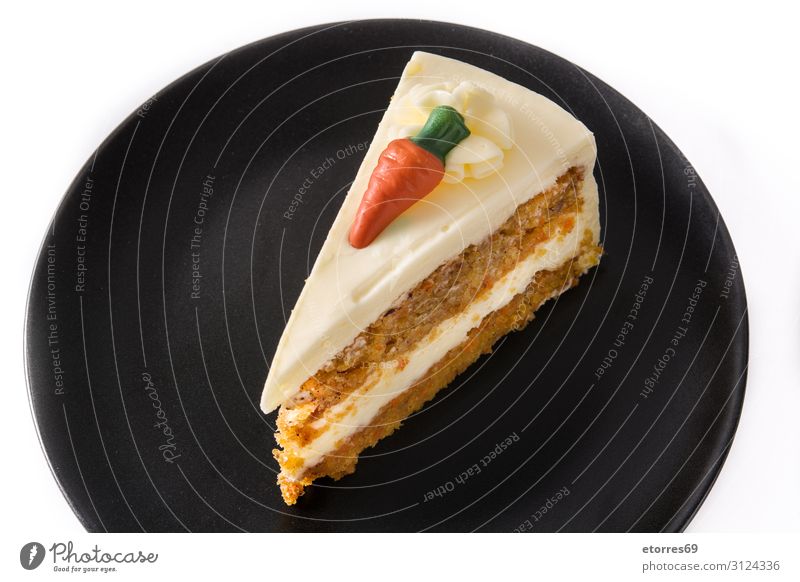 Sweet carrot cake slice on a plate isolated Baked goods Cake Dessert Food Healthy Eating Food photograph Cream Pie chocolate Plate White Slice