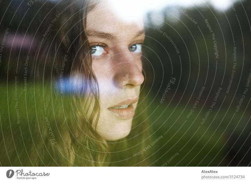 Portrait of a young woman behind a window pane Lifestyle Style already Young woman Youth (Young adults) 18 - 30 years Adults Landscape Beautiful weather Garden
