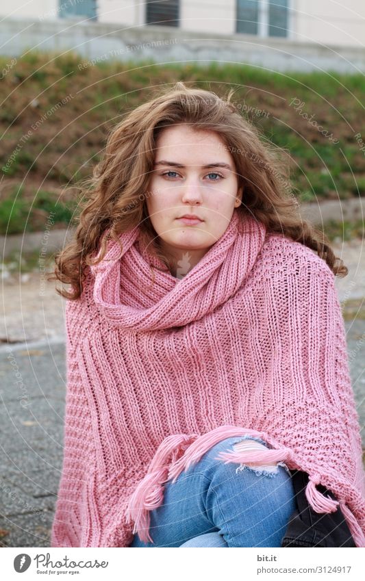 Young sitting woman with pink poncho, looking into the camera. Vacation & Travel Tourism Trip Human being Feminine girl Young woman Youth (Young adults)