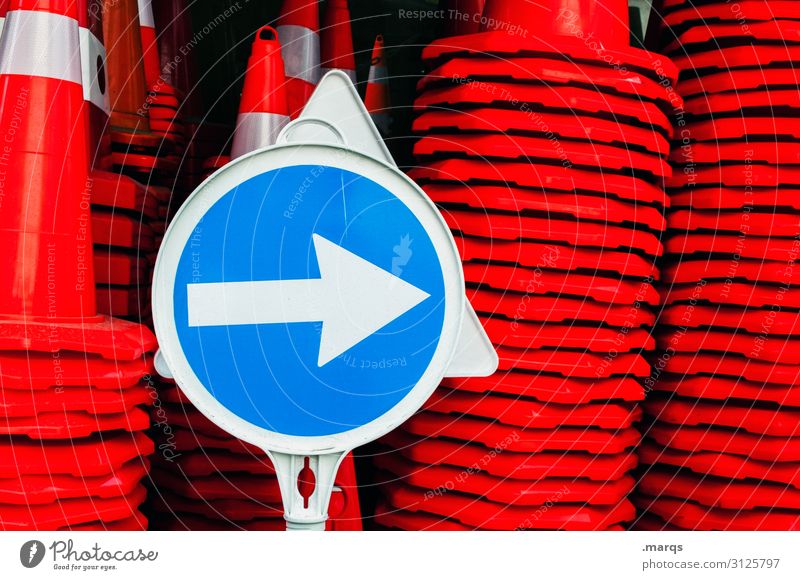 Arrow to the right Transport Traffic cone Road sign Blue Red White Colour Lanes & trails Target Orientation Colour photo Exterior shot Close-up Deserted