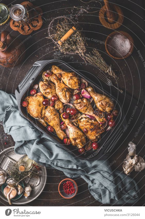 Roasted chicken legs with red onions and grapes Food Meat Herbs and spices Nutrition Crockery Style Design Living or residing Table Chicken Background picture