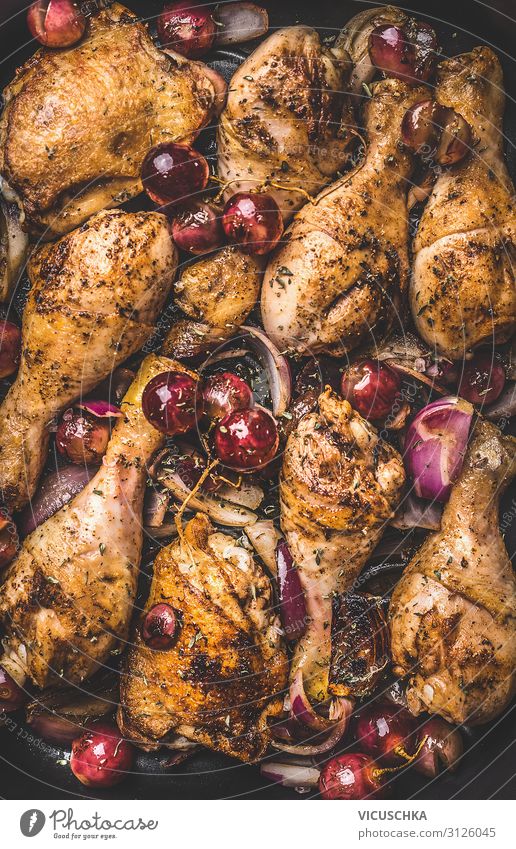 Roasted chicken legs with grapes Food Meat Nutrition Organic produce Style Design Chicken Background picture Onion Bunch of grapes Food photograph Eating Dish
