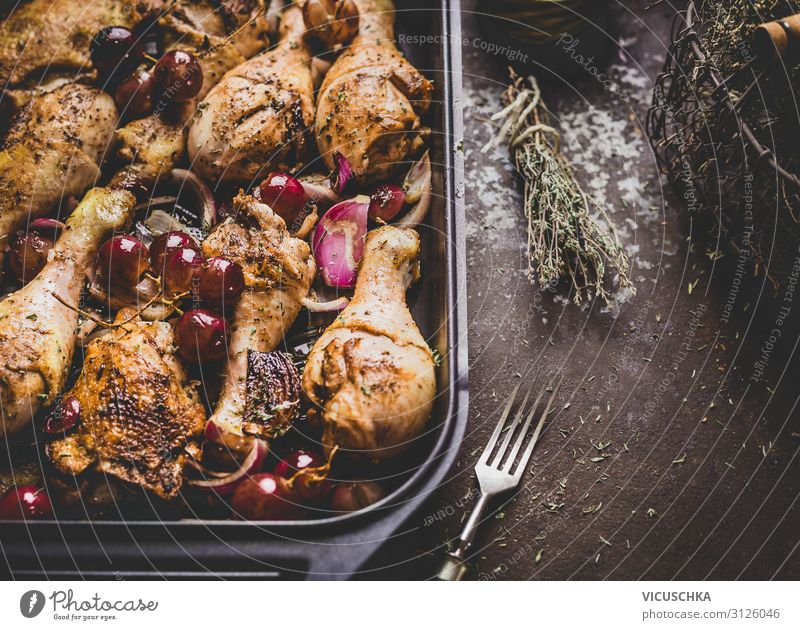 Roasted chicken legs with red onions and grapes Food Nutrition Dinner Crockery Style Design Kitchen Restaurant Chicken Cooking Food photograph Eating Dish Onion