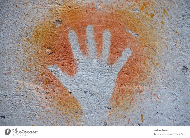 800 | speak with your hands Hand Art Painter Wall (barrier) Wall (building) Facade Stone Sign Graffiti Sign language Esthetic Authentic Firm Gray Orange