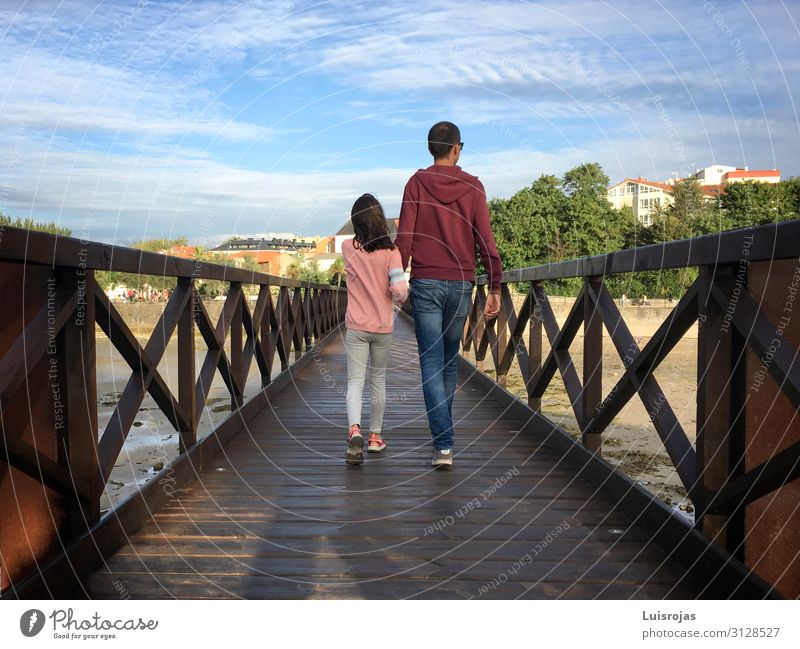 Father and daughter walking on a wooden bridge Lifestyle Vacation & Travel Tourism Hiking Human being Masculine Child Girl Young man Youth (Young adults) Adults