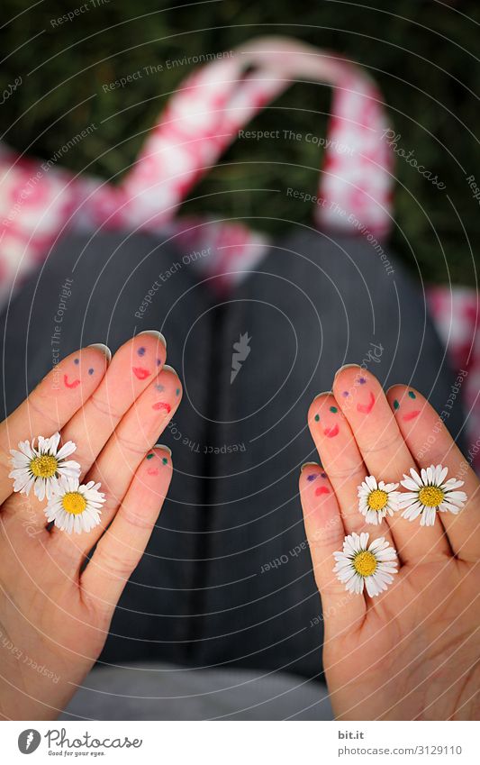 Painted hands with daisies and face. Leisure and hobbies Playing Handcrafts Vacation & Travel Tourism Summer vacation Feasts & Celebrations Valentine's Day