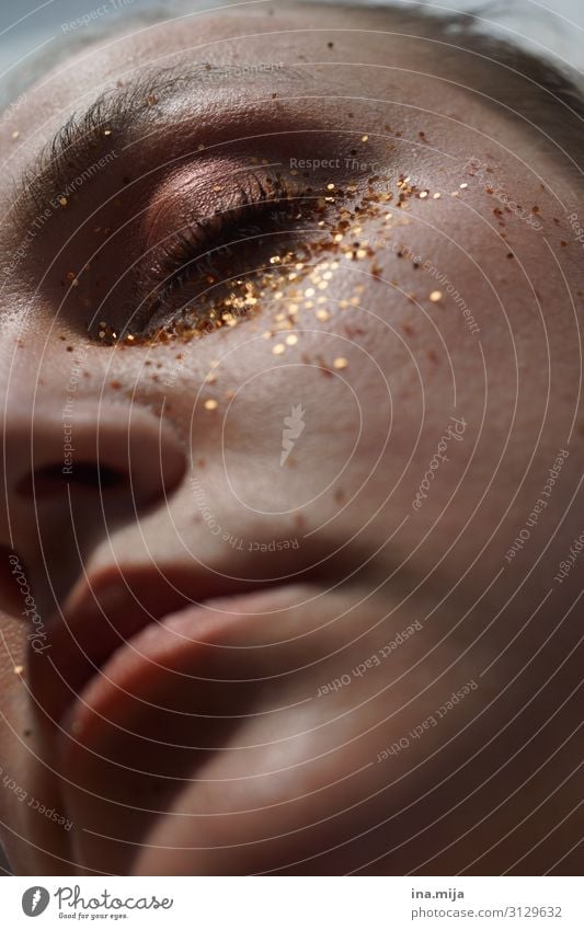 Woman face with closed eyes and glitter on face Lifestyle Luxury pretty Personal hygiene Skin Face Cosmetics Make-up Wellness Harmonious Contentment Calm