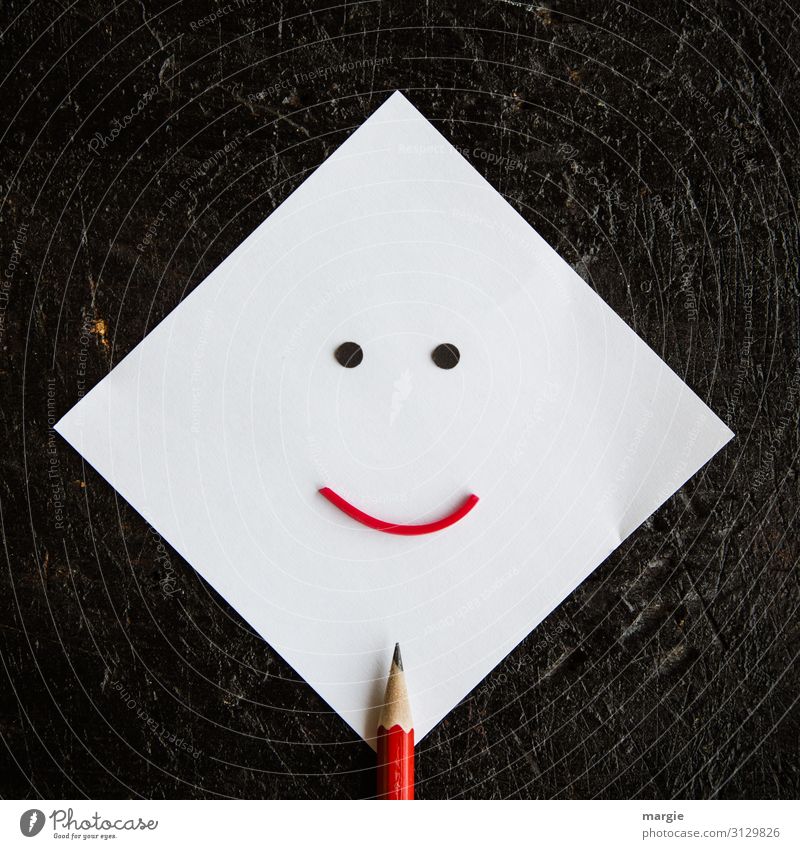 Notepad with pencil as smiley Work and employment Office work Workplace Write Red Pencil Piece of paper Paper Writer White Black Smiley Facial expression