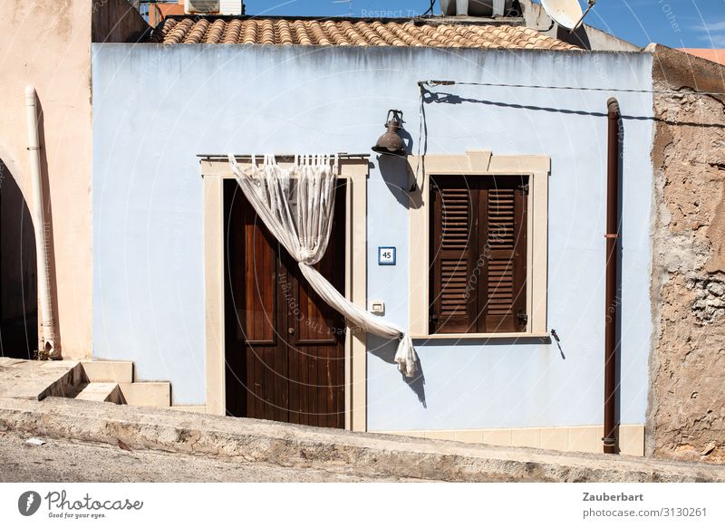 Siesta light blue Sicily Italy Europe Small Town House (Residential Structure) Detached house Town house (Terraced house) Facade Window Door Shutter Curtain