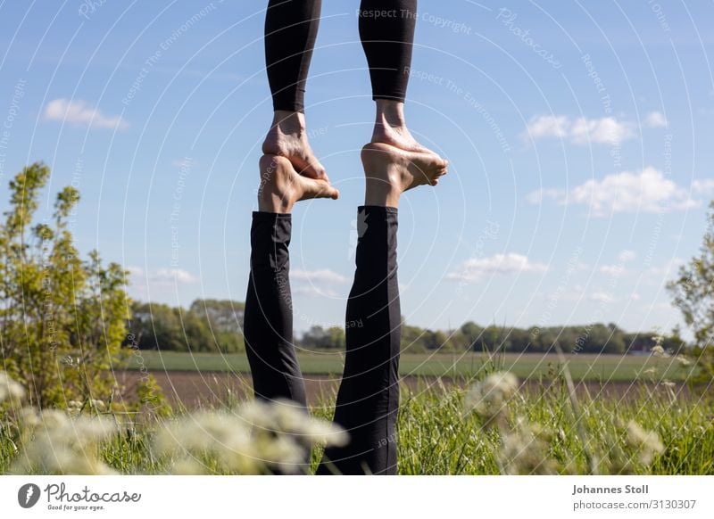 Acrobatics in the countryside Feet feet Legs Acroyoga Gymnastics balance Balance Circus Artists Sky Field Environment Ease Trust Foot-to-Foot flyers base Toes