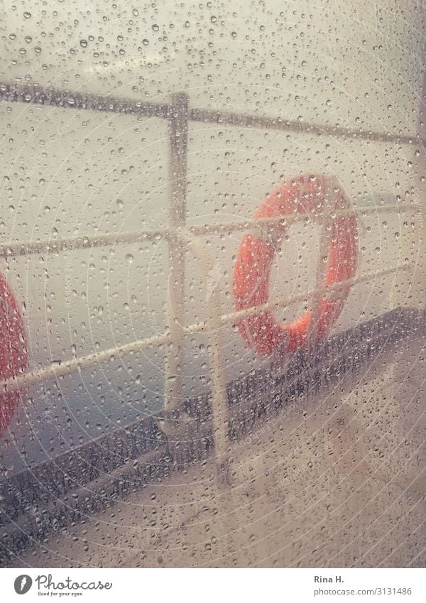 Bad weather Climate Climate change Weather Wind Fog Rain Inland navigation Passenger ship Ferry Life belt Dark Cold Wet rail Drops of water Window pane