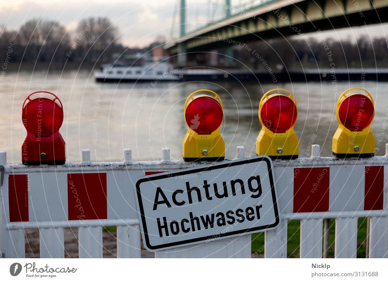 Rhine flood - Sign "Achtung Hochwasser" - Cologne Mülheimer Bridge, 30 January 2018 Flood Water North Rhine-Westphalia Warning sign Signage Barricade