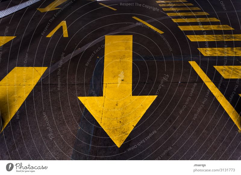yellow arrow pointing down Arrow Yellow Symbols and metaphors Zebra crossing Asphalt Under Lanes & trails Road traffic StVO conceit Clue Direction