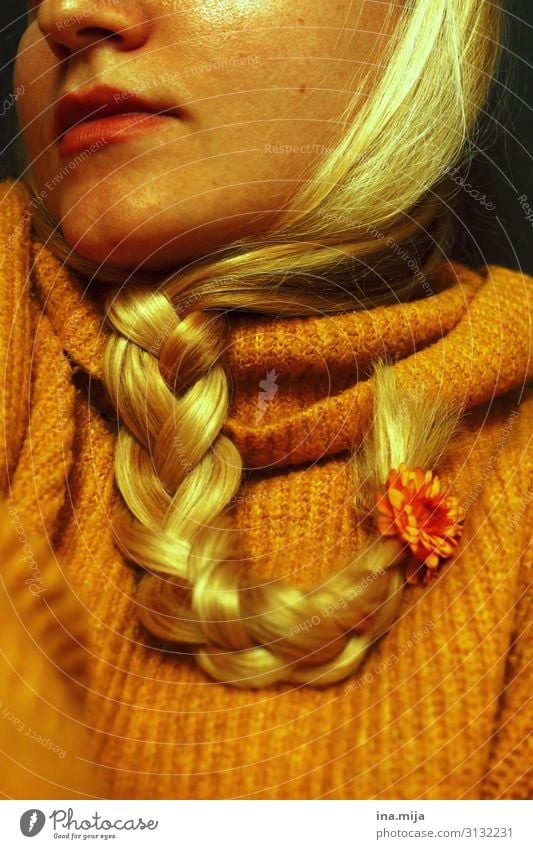 Cuddly Human being Feminine Fashion Sweater Accessory Hair and hairstyles Blonde Long-haired Braids pretty Yellow Gold Orange Autumnal Autumnal colours