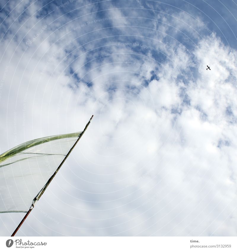 flyover Sky Clouds Beautiful weather Aviation Airplane Passenger plane Propeller aircraft Cloth Flagpole Plastic Flying Fresh Joy Self-confident Passion Life