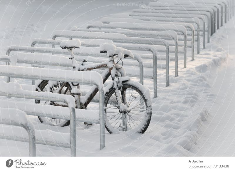 Bicycle in the snow Leisure and hobbies Cycling Sports Sporting Complex Elements Winter Snow Snowfall Town Deserted Parking lot Bicycle lot Driving Stand Wait