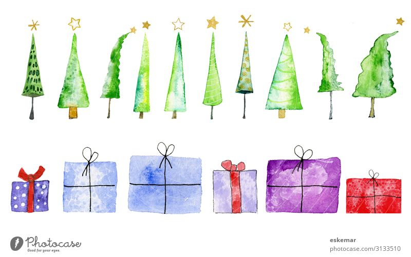 Christmas trees and presents, watercolour on paper Feasts & Celebrations Christmas & Advent Art Work of art Painting and drawing (object) Watercolors Tree Paper