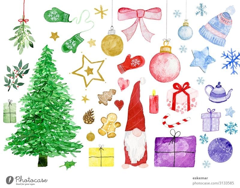 Christmas motifs in watercolour Feasts & Celebrations Christmas & Advent Art Work of art Painting and drawing (object) Watercolors Plant Tree Christmas tree